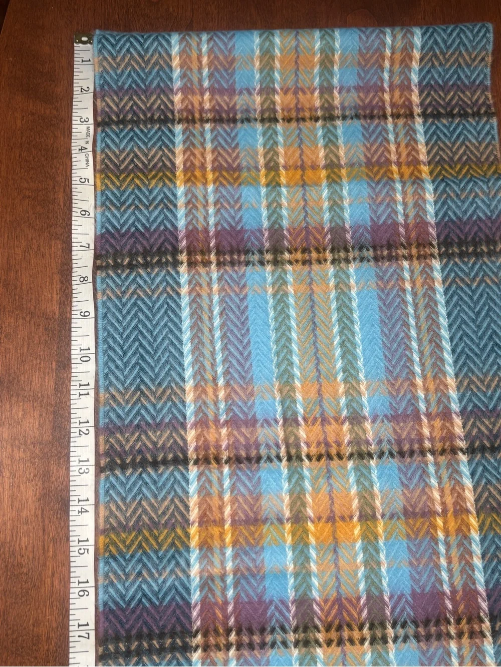 croft & barrow teal, light blue, mustard, purple plaid fringe scarf